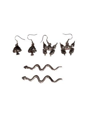 Silver Tone Mushroom, Butterfly & Snake Earring Set